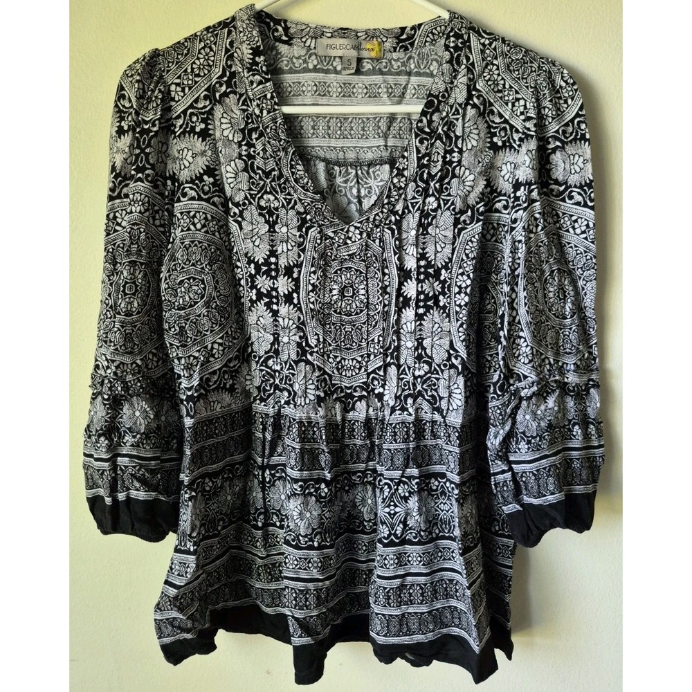 FIGUEROA FLOWER Women's Black White Medallion Print V-Neck 3/4 Sleeve Top Size S